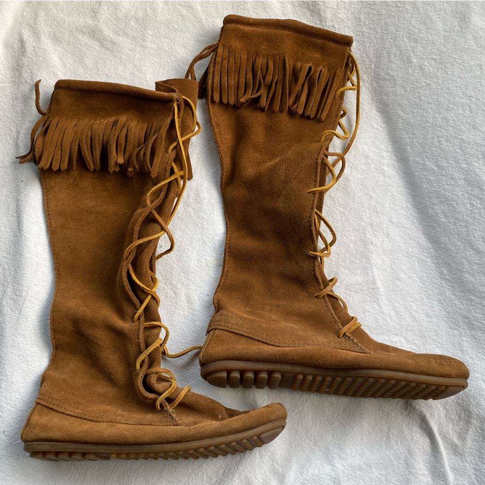 Minnetonka Fringed Tan Knee-High Women's Boots
